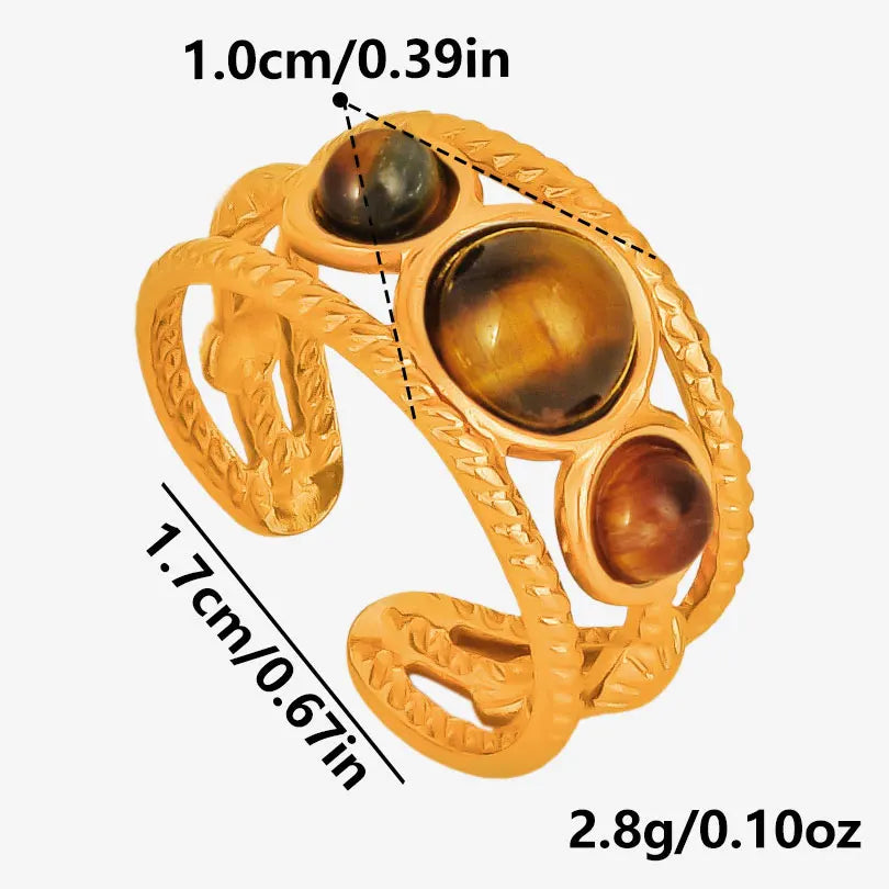 خاتم من حجر عين النمر الحقيقي على شكل قلب الشمس من الفولاذ المقاوم للصدأ، خواتم مفتوحة للنساء والرجال، إكسسوارات مجوهرات عتيقة مطلية بالذهب الحقيقي