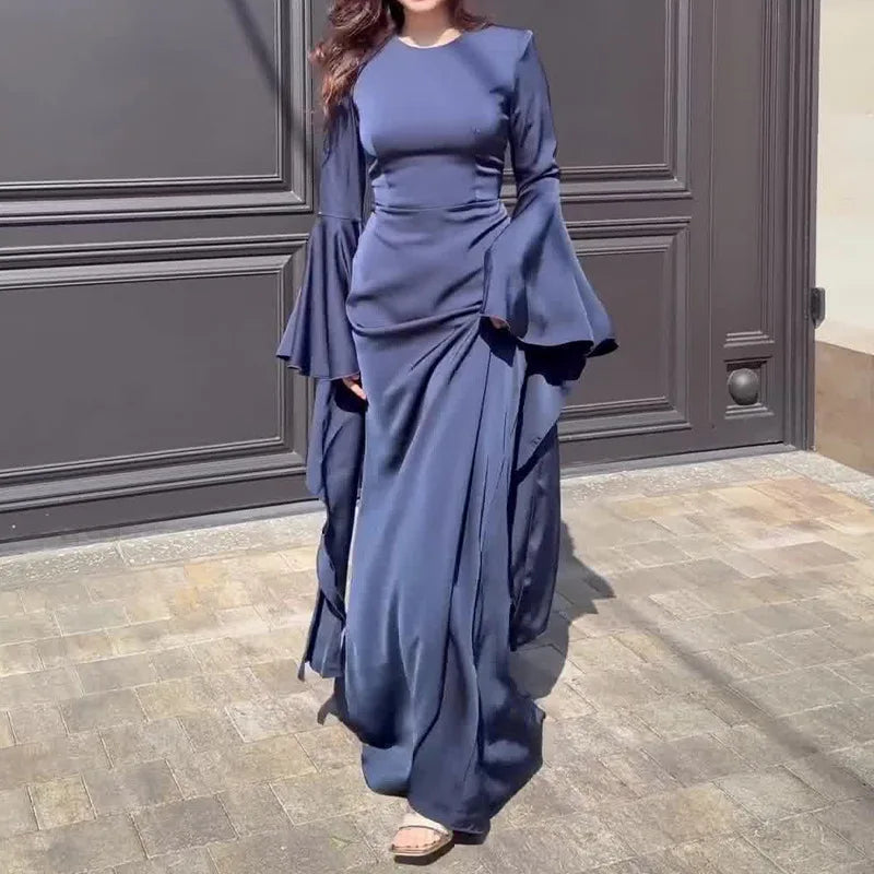 Dress For Women Elegant Solid Color Round Neck Casual Party Long Dresses Simple Sleeve Loose Evening Dresses Vestidos Para Mujer