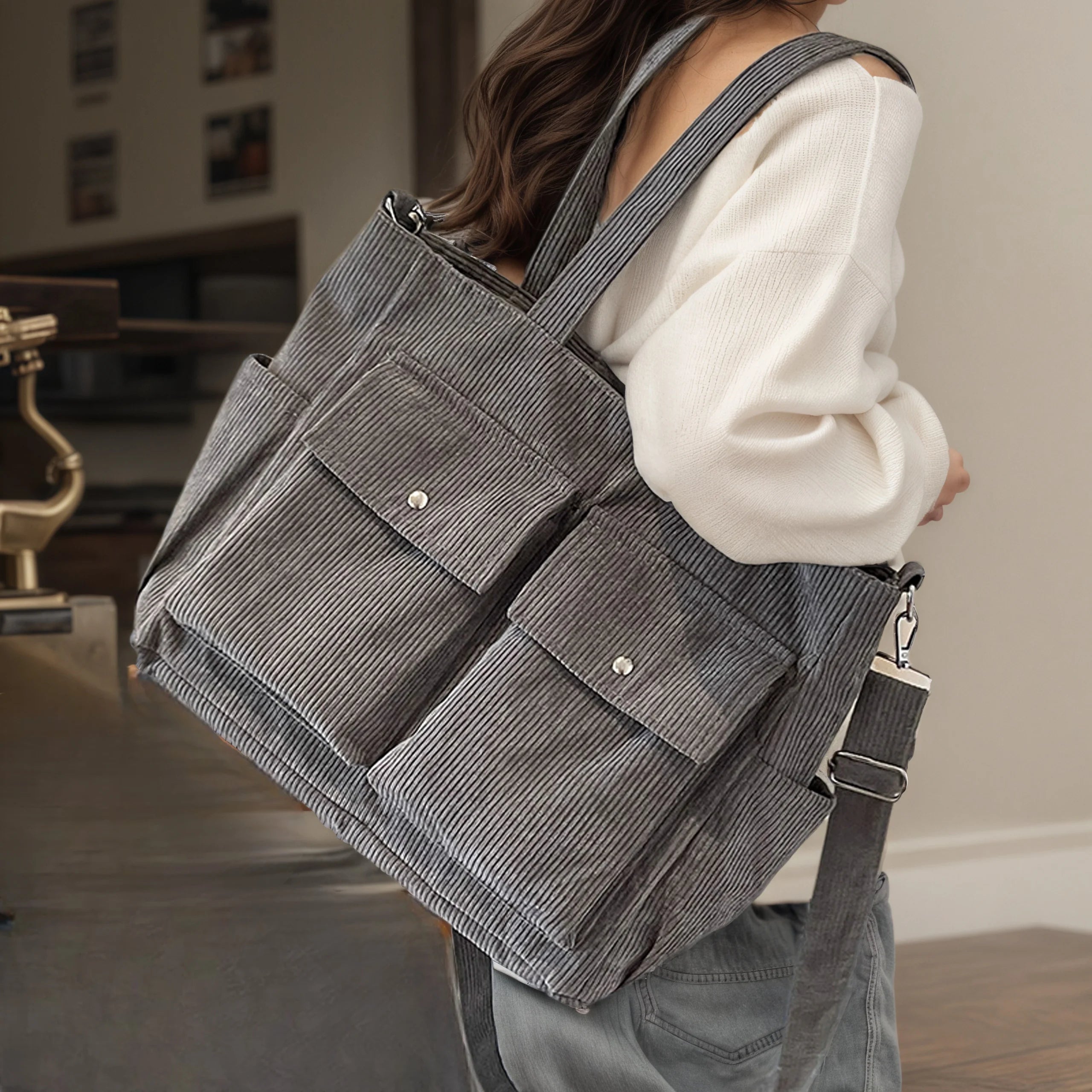 حقيبة يد نسائية جديدة عتيقة متعددة الجيوب من قماش مخملي بسعة كبيرة وحقيبة كتف نسائية كاجوال متقاطعة للتنقل