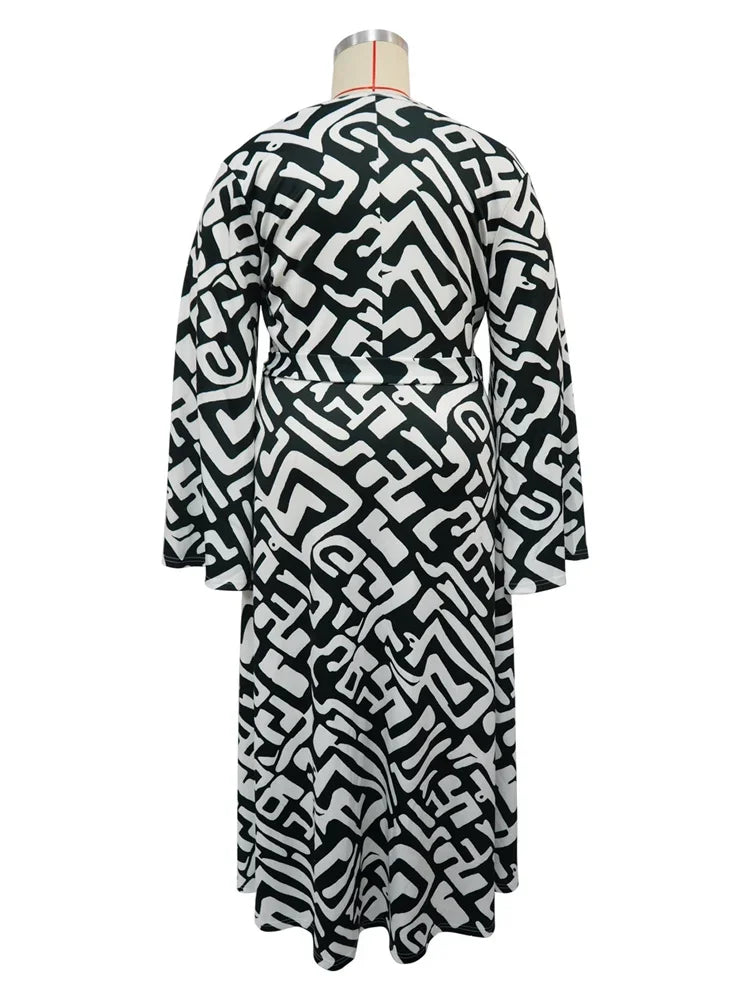 Plus Size Dresses for Women V Neck Elegant Lady Print Loose Sexy Flared  Long Sleeve Fall Maxi Dress Wholesale Dropshipping 2024