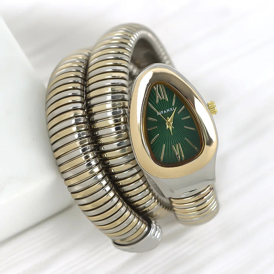 ساعات كوارتز فريدة من نوعها للنساء من الذهب الثعباني رائجة البيع ساعة بسيطة كلاسيكية الطراز للنساء ساعة فاخرة لامعة للسيدات ساعة Relogio