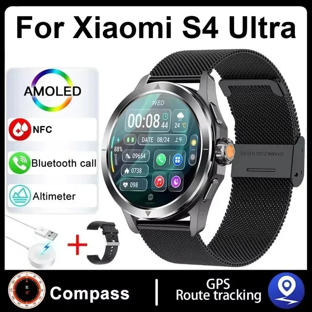ساعة ذكية جديدة للرياضات الخارجية Xiaomi S4 Ultra للرجال 1.53 بوصة AMOLED NFC GPS بوصلة معدل ضربات القلب مقاومة للماء BT Call ساعة ذكية