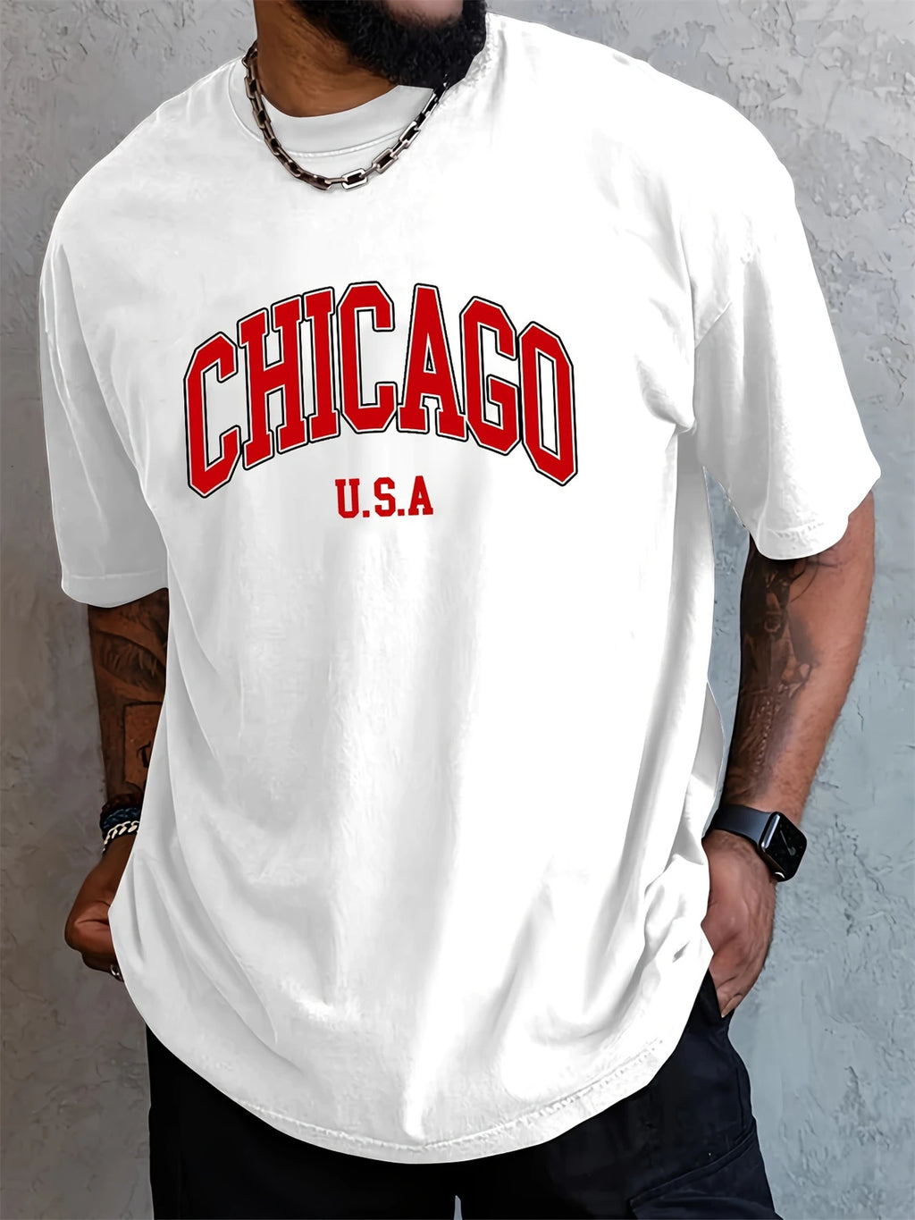 Men's summer 100 cotton fashionable casual loose plus size Chicago USA printed sports round neck short sleeved T-shirt top