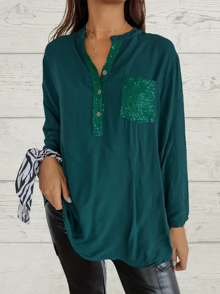 قميص خريفي لامع بأزرار وجيب للمكتب للنساء، بلوزة بأكمام طويلة ورقبة على شكل حرف V، ملابس علوية غير رسمية لكل يوم