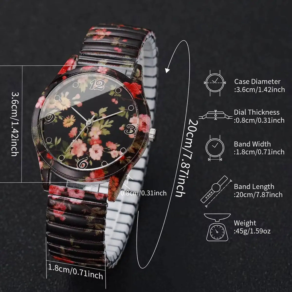 ساعات نسائية أنيقة مزينة بالزهور، بحزام مطاطي، ساعات يد كوارتز نسائية (بدون علبة)