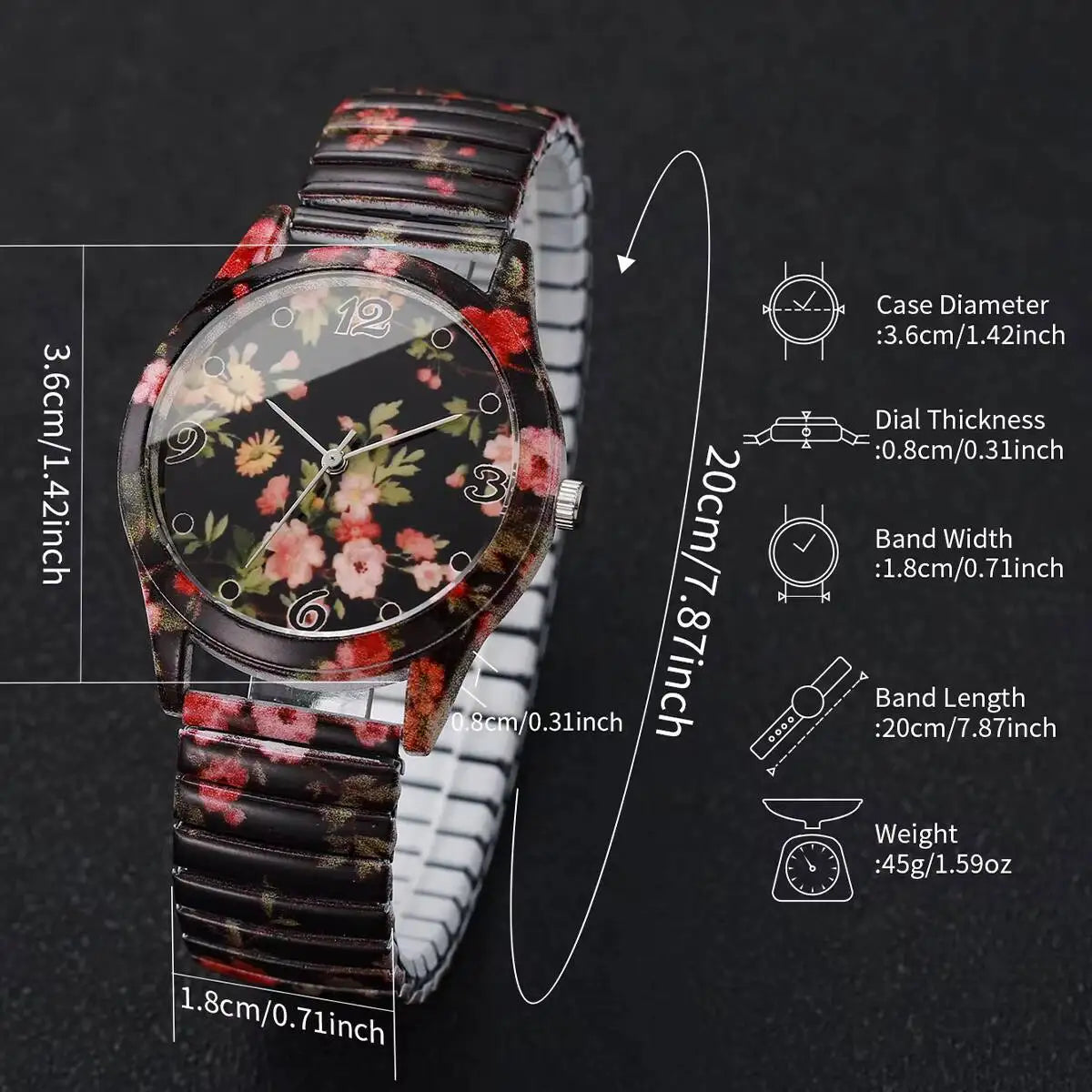 ساعات نسائية أنيقة مزينة بالزهور، بحزام مطاطي، ساعات يد كوارتز نسائية (بدون علبة)