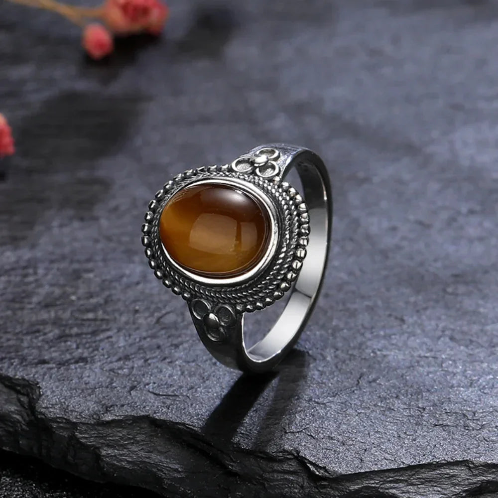 خواتم عتيقة من الفضة الإسترلينية عيار 925، خواتم بيضاوية الشكل مقاس 8×10 مم، مصنوعة من حجر العقيق الأسود الطبيعي، مجوهرات فاخرة للرجال والنساء، خواتم من حجر الرودوكروزيت
