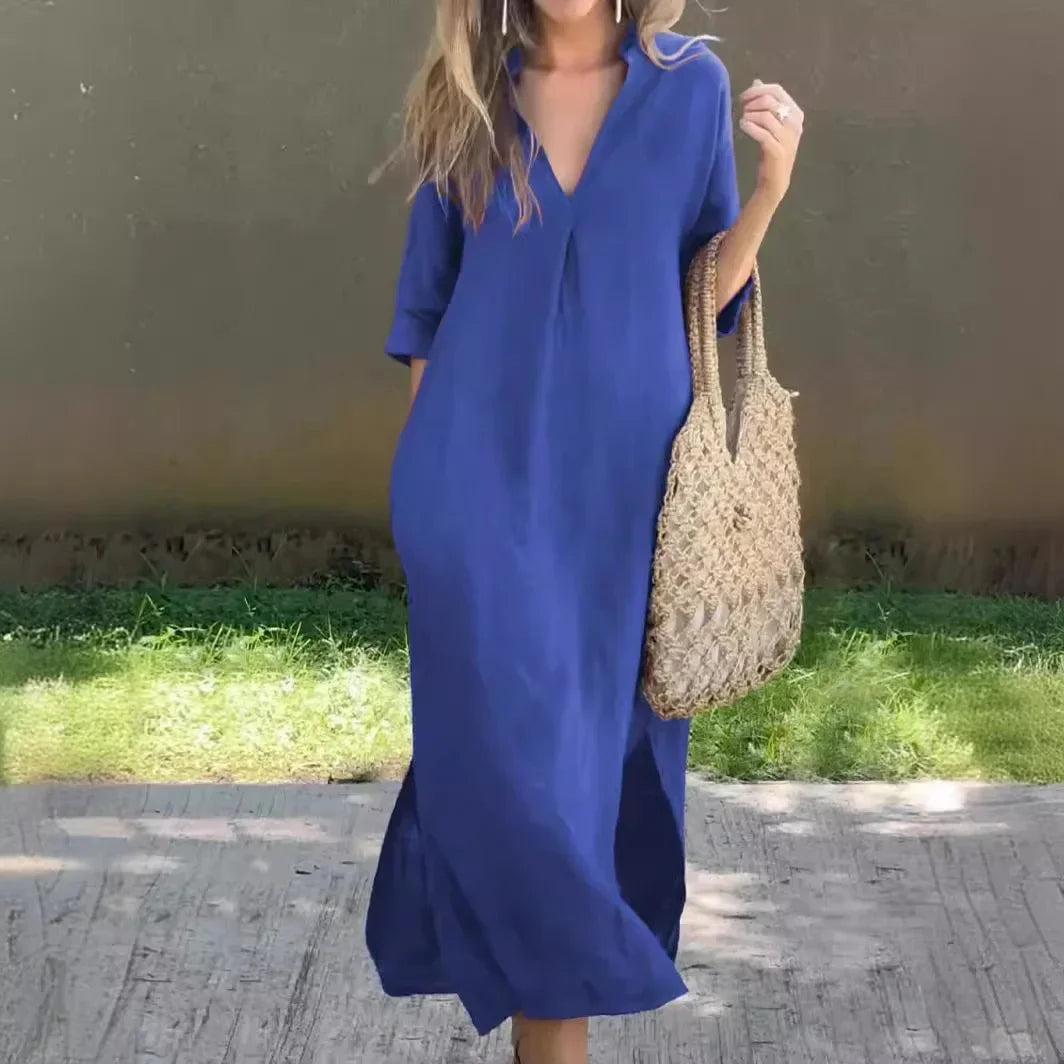 Women's Fashion V-neck Half Sleeve Solid Long Dress Summer Side Slit Design Elegant Vintage Cotton Linen Maxi Dresses for Women