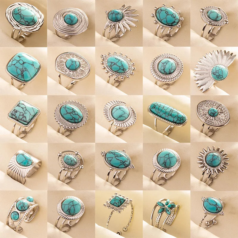 1/5 قطع من الخواتم المفتوحة غير المنتظمة والسميكة المصنوعة من الفولاذ المقاوم للصدأ والمزينة بأحجار صناعية متنوعة، بتصميم هندسي عتيق مميز، مجوهرات نسائية