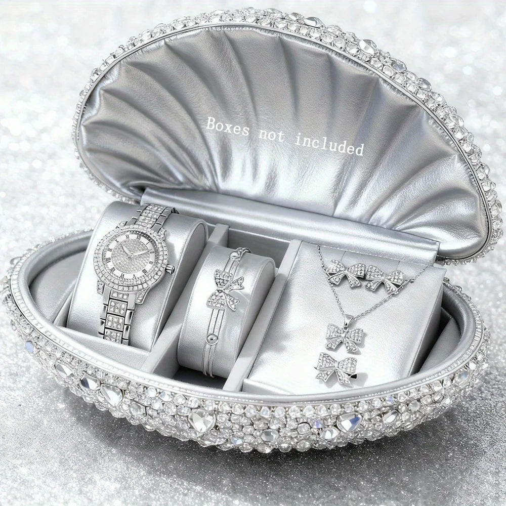 طقم مجوهرات ساعات نسائية أنيقة مكون من 6 قطع، ساعة كوارتز مرصعة بأحجار الراين، هدية مثالية للفتيات (بدون علبة)