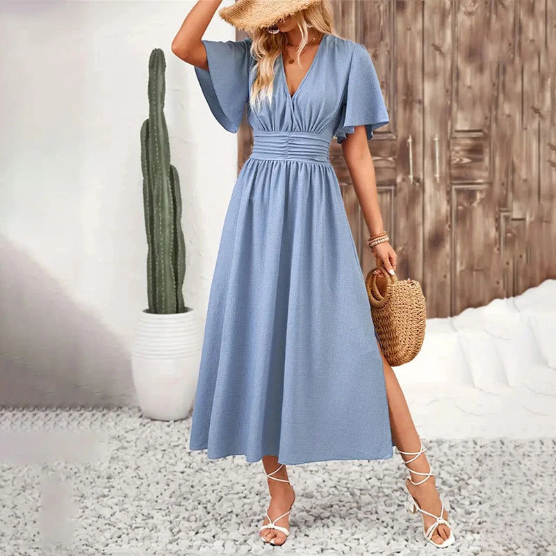 Women V-Neck Ruffled Short Sleeve Dress Elegant Elastic Waist Split Pleated Maxi Vestidos Beach Vocation Female Casual Long Robe