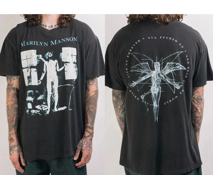تيشيرت مارلين مانسون "أنتيكرايست سوبرستار" من القطن الخالص 100%، إصدار 1996، بأكمام مطبوعة، للجنسين (رجال ونساء)، مناسب لفصل الصيف 2025، بياقة دائرية.