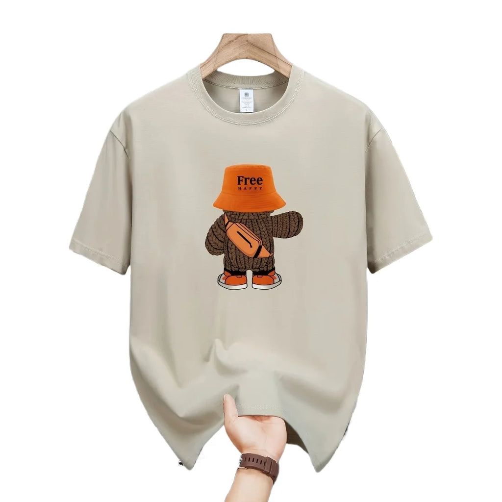 Summer men's  sports casual loose fit plus cartoon pattern printed comfortable round neck short sleeved T-shirt