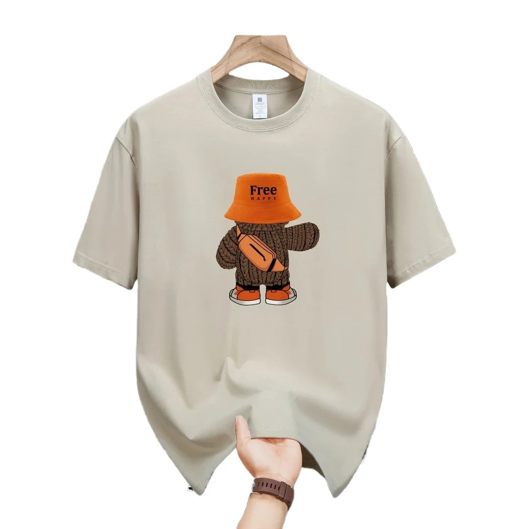 Summer men's  sports casual loose fit plus cartoon pattern printed comfortable round neck short sleeved T-shirt