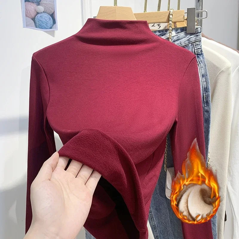 تي شيرتات نسائية كورية بأكمام طويلة وياقة مدورة موديل 2025، تي شيرتات كورية بسيطة بطبقة أساسية، تي شيرتات خريف وشتاء كاجوال، تي شيرتات دافئة من الصوف المخملي الأساسي النحيف