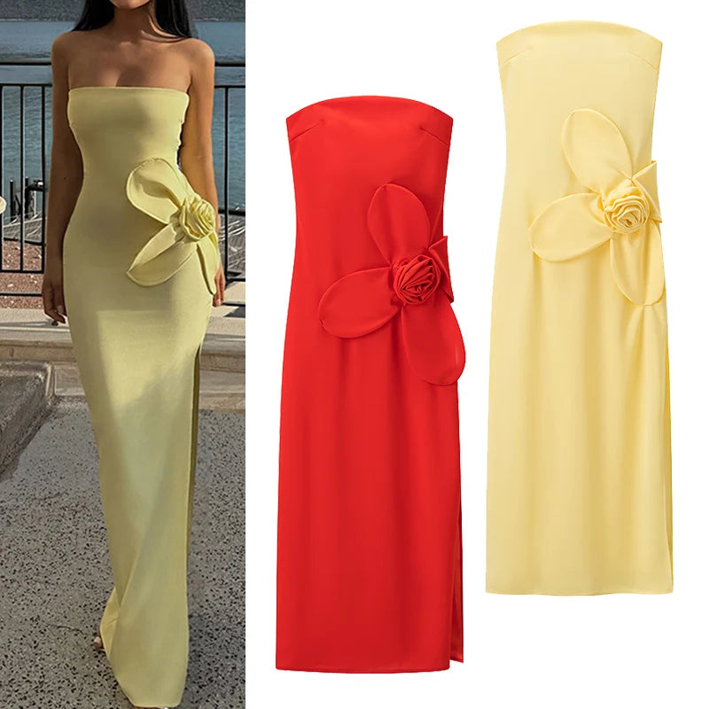Summer Solid Color Off-shoulder 3D Flower Backless Long Dress Women Sleeveless Slit A-Line Strapless Dress Female Sexy Slim Wear