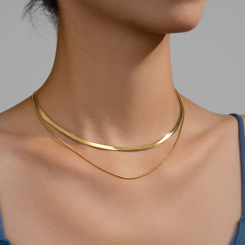 Hot Classic Unisex Flat Snake Chain Choker Necklace For Women Stainless Steel Herringbone Gold Silver Color Fashion Jewelry Gift