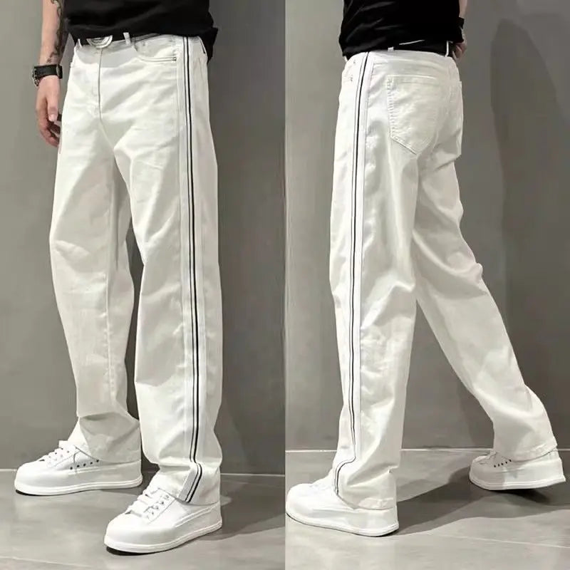 2025 Autumn New Style Jeans Men's Trendy Loose Side Strip Webbing Straight Pants for Youth Versatile Washing Wide-leg