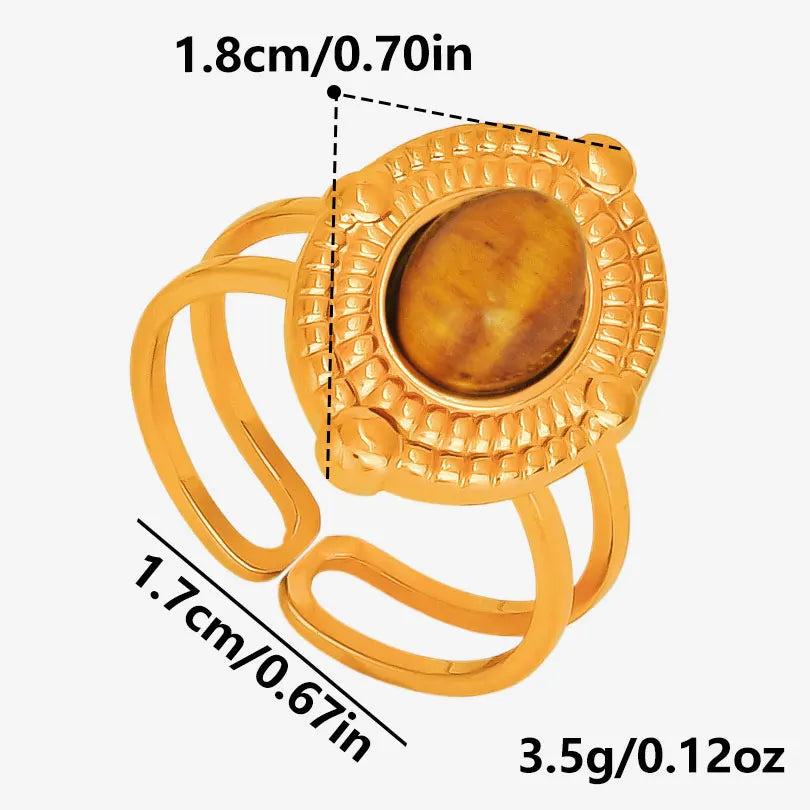 خاتم من حجر عين النمر الحقيقي على شكل قلب الشمس من الفولاذ المقاوم للصدأ، خواتم مفتوحة للنساء والرجال، إكسسوارات مجوهرات عتيقة مطلية بالذهب الحقيقي