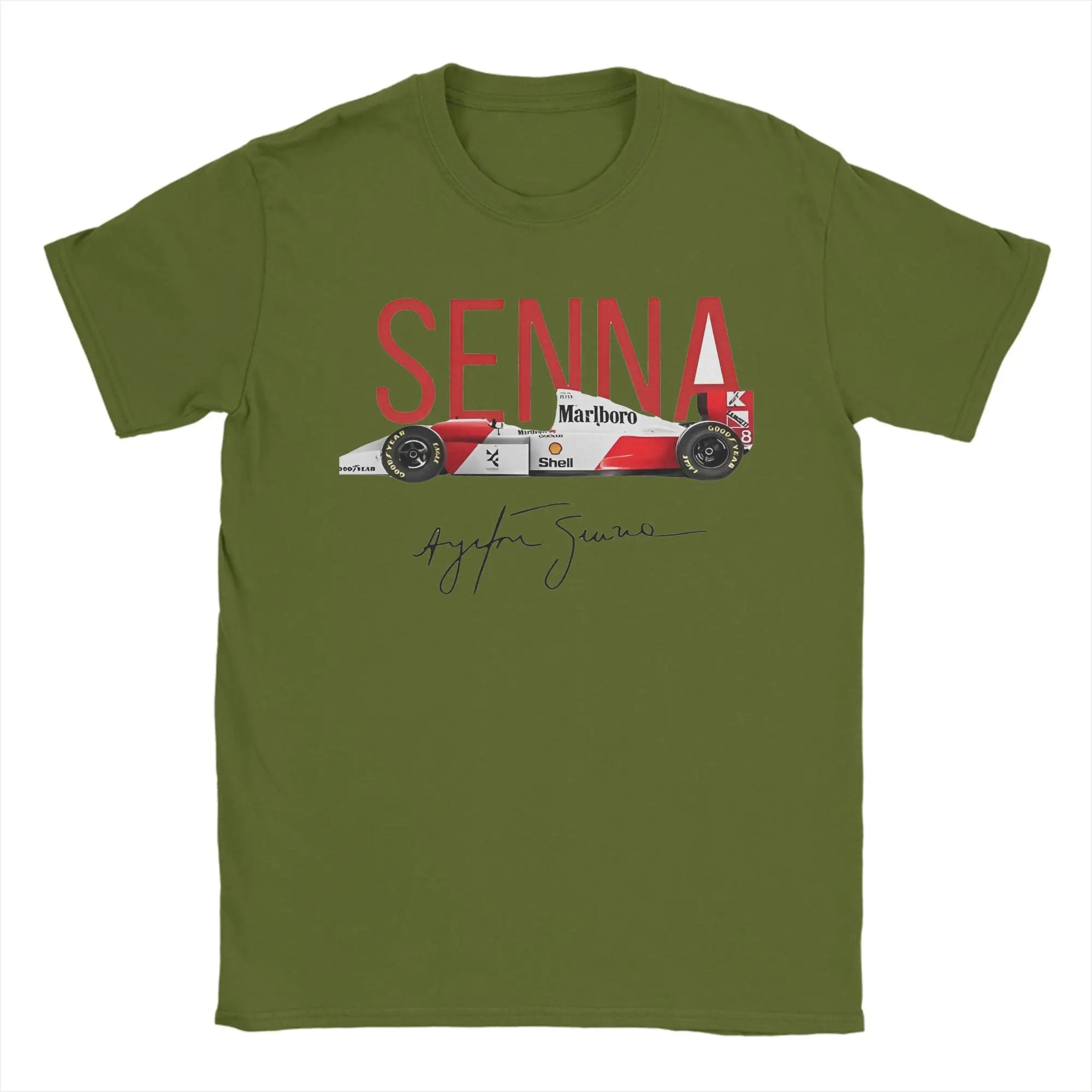 تي شيرت رجالي مطبوع عليه صورة سيارة سباق أيرتون سينا، مصنوع من القطن بنسبة 100%، برقبة دائرية وأكمام قصيرة، وملابس بمقاسات كبيرة