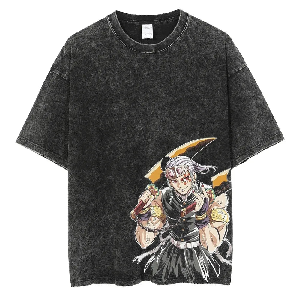 Acid Washed T Shirt Men Tengen Uzui Graphic Anime Manga T-shirt Oversized Cotton T-shirt Harajuku Male Female Vintage Street Tee
