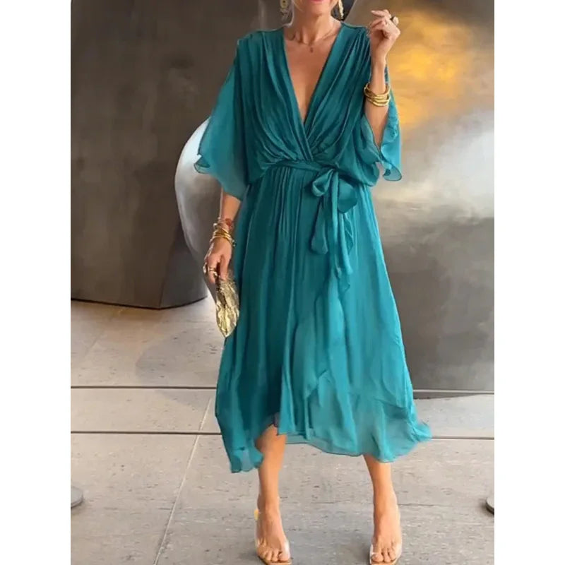 Elegant Chiffon Solid Party Dresses For Women Sexy V Neck Bat Sleeves Lace Up Ruffles Irregular Long Dress Casual Robe Femme