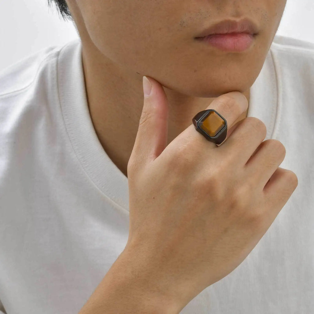 Brown Tiger Eye Stone Ring for Men Boys,Stainless Steel Geometric Square Stone Signet Ring,Causal Jewelry Gift