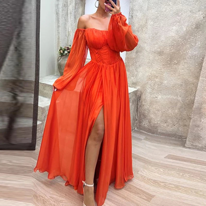 Elegant V-neck Long Sleeve Robe Long Dress Women Fashion Hight Waist Solid Party Dress Sexy Split Chiffon Pleated Gowns Dresses