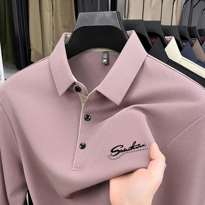 قميص بولو رجالي من ماركة مصممة بأكمام طويلة وياقة دائرية، خريف جديد، مطبوع عليه حروف، مضاد للتجاعيد، ملابس عمل غير رسمية للرجال