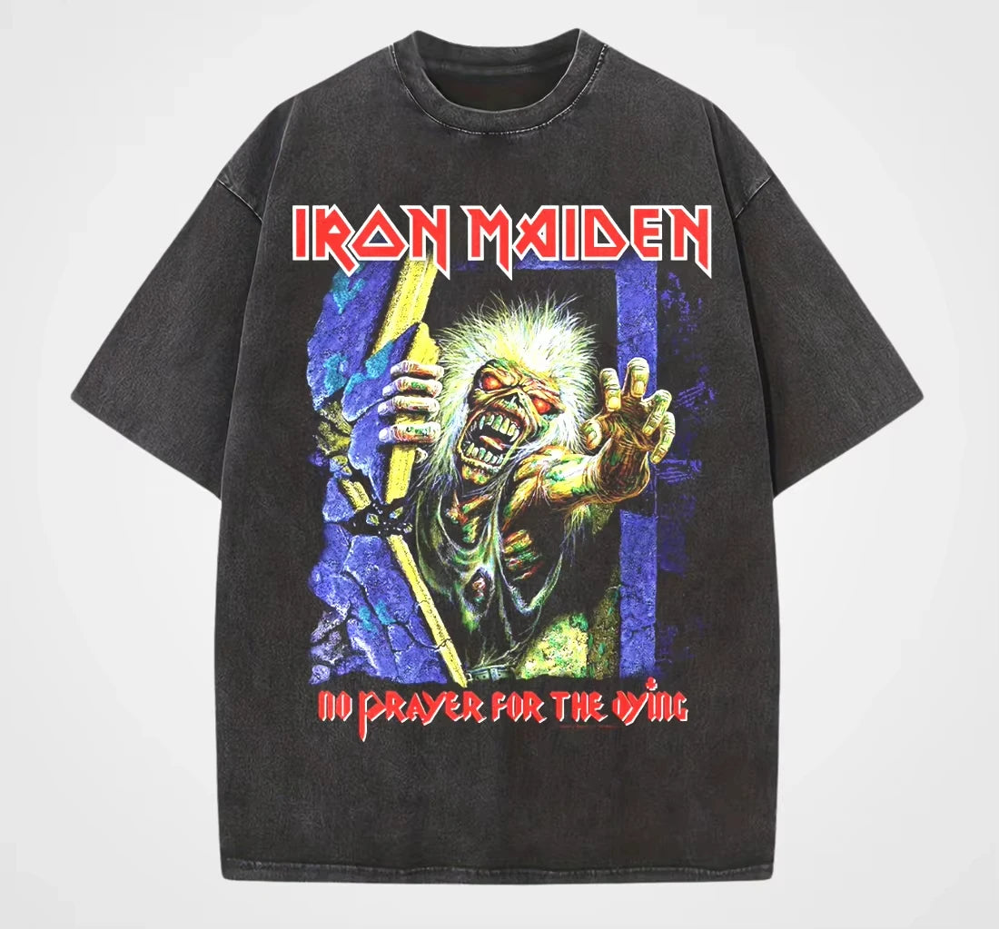 تي شيرت رجالي ونسائي عتيق من LRON Maiden Iron Lady Rock Washed بتصميم هيب هوب أمريكي عتيق بأكمام قصيرة ونصف عصرية