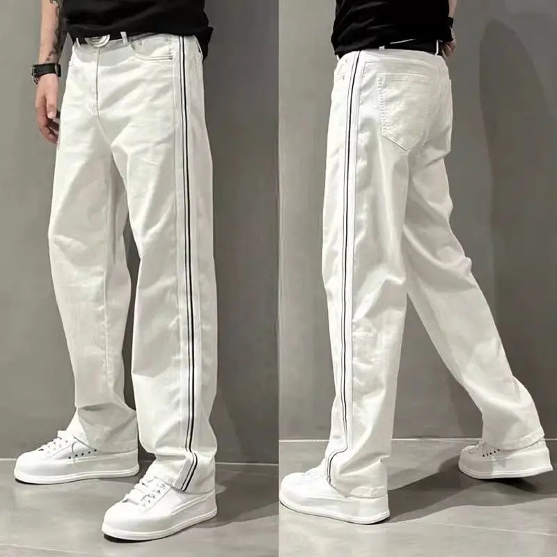 2025 Autumn New Style Jeans Men's Trendy Loose Side Strip Webbing Straight Pants for Youth Versatile Washing Wide-leg