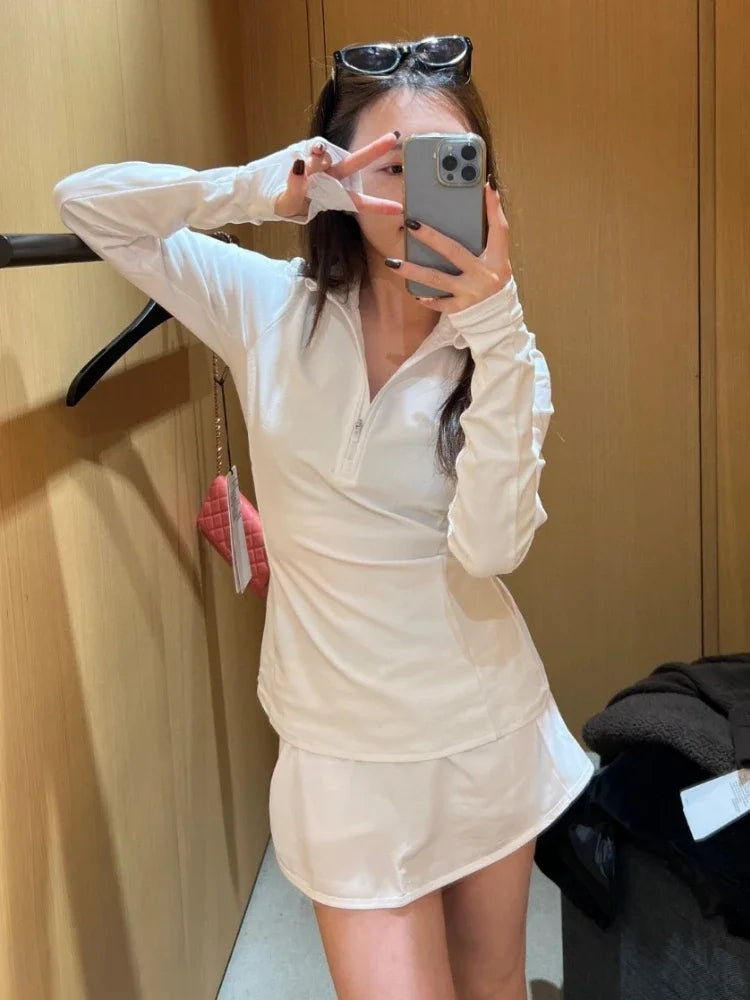 قميص بولو يوجا نسائي رياضي بنصف سحاب وأكمام طويلة، قميص خريفي أسود أنيق كوري ضيق ومريح، قمصان نسائية سادة