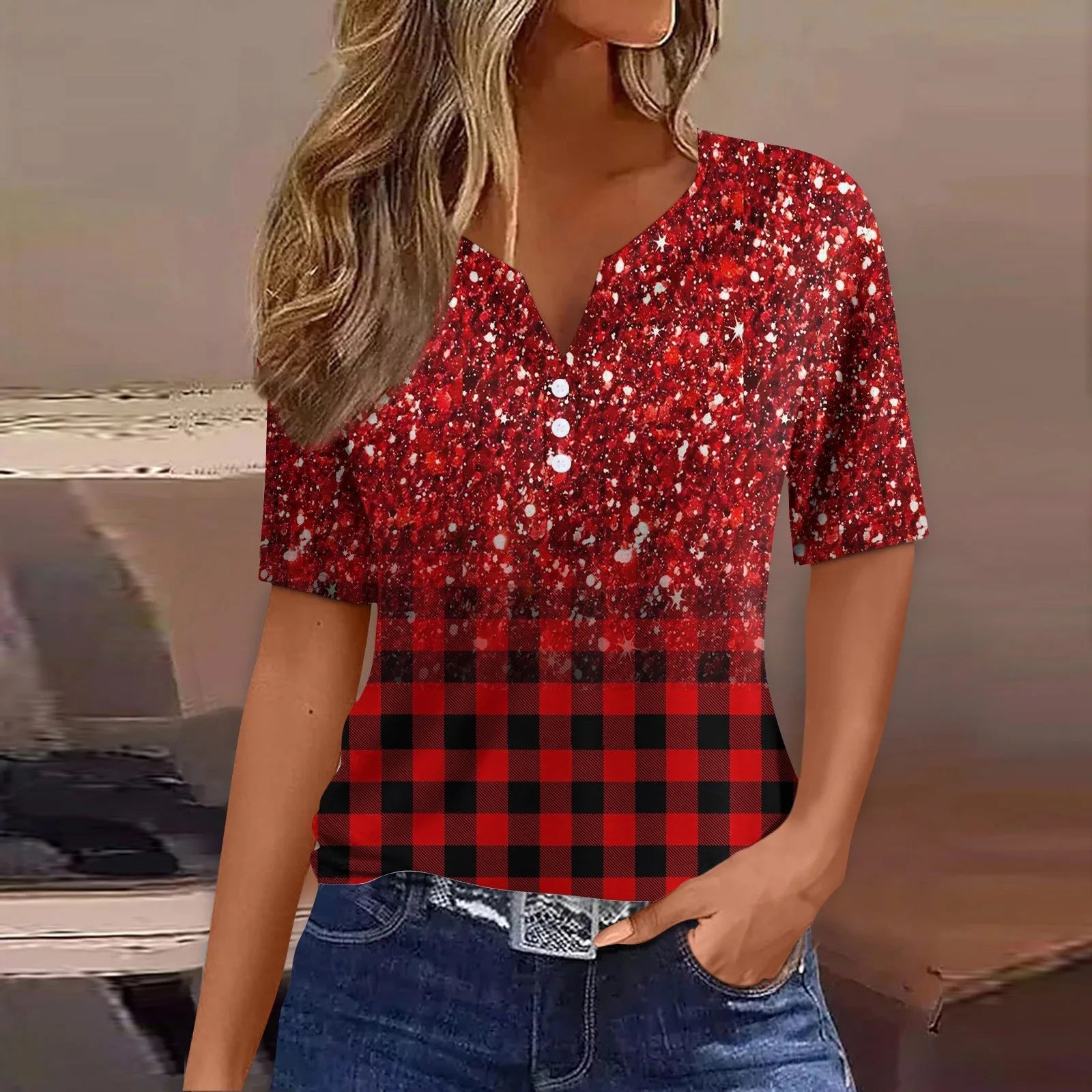 تيشيرت نسائي صيفي جديد بياقة على شكل حرف V، فضفاض، كاجوال، مخطط، مطبوع، ملابس نسائية، ملابس الشارع، تيشيرتات نسائية سهلة الارتداء