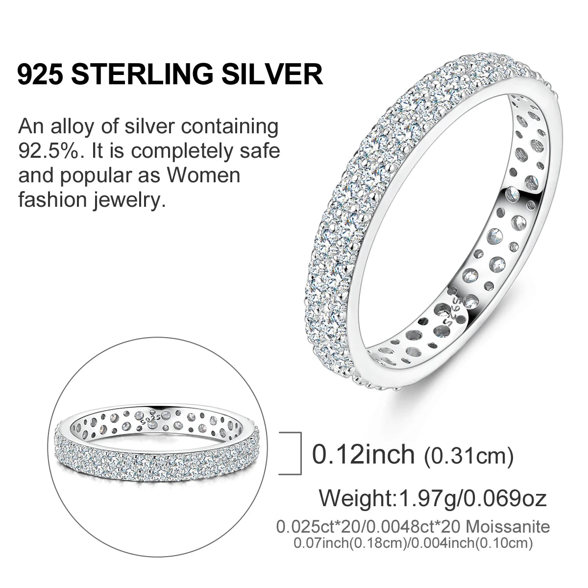 خواتم مويسانيتي كاملة بوزن 0.596 قيراط من الفضة الإسترلينية عيار 925 للنساء، خاتم كلاسيكي لامع، مجوهرات للخطوبة والزفاف، هدية