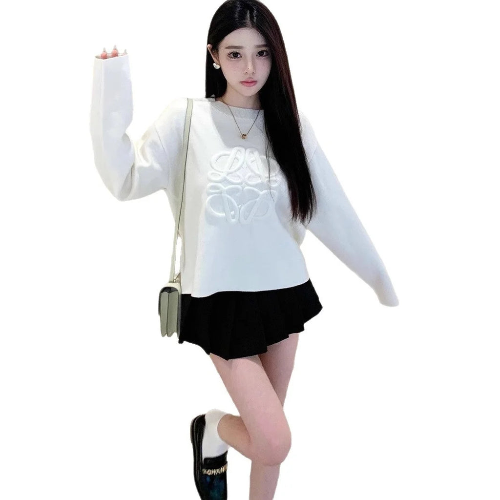 Ladies Casual Knitted 3D Embossed Hoodie Sweater Comfortable Midweight Long Sleeve round Neck Cotton Leisure Style