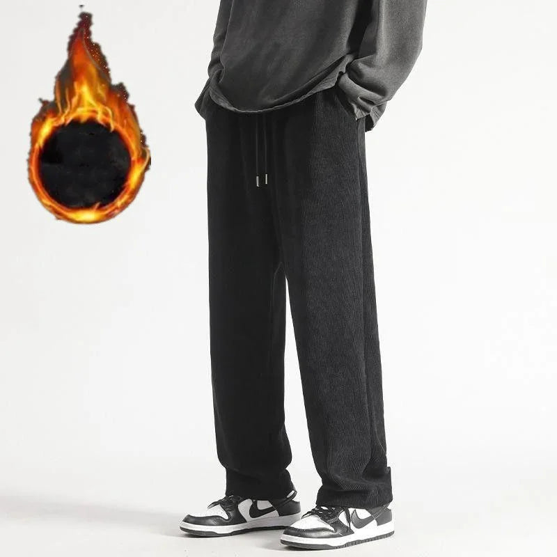 2023 Autumn Winter New Corduroy Fleece Straight Leg Casual Pants Men Solid Waist Drawstring Pocket Loose Versatile Warm Trousers