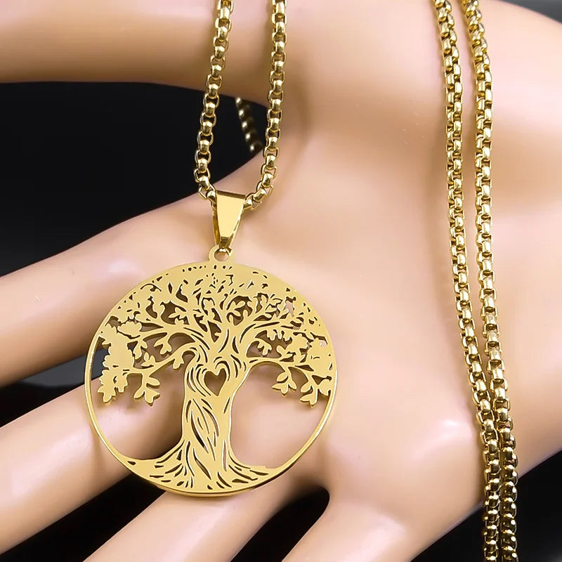 Aesthetic Tree of Life Love Heart Necklace for Women Men Stainless Steel Gold Color Lucky Amulet Chain Jewelry collar NZZZ529S02