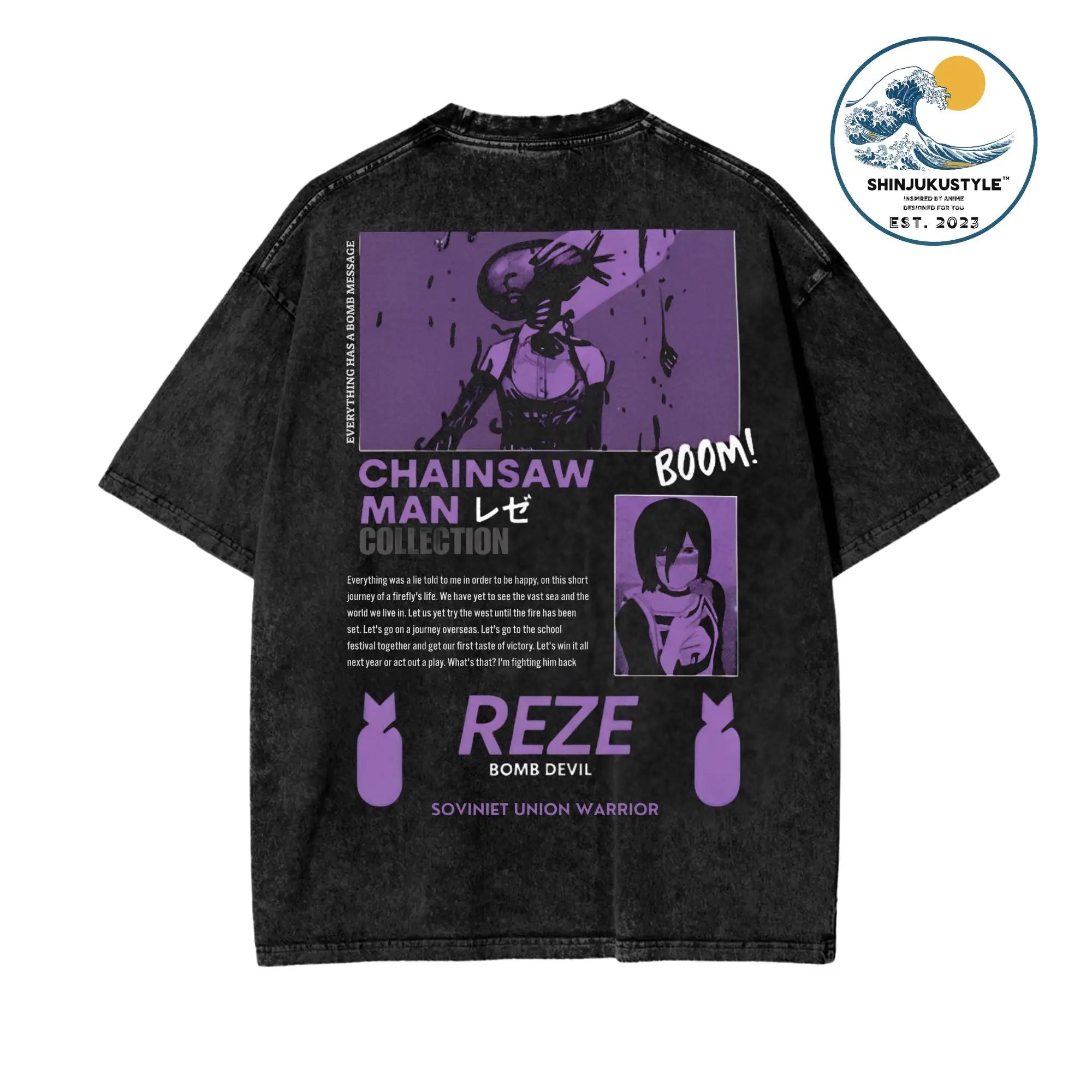 تي شيرت Chainsaw Man X Reze Devil T-Shirt بغسيل حمضي كبير الحجم من الرسوم المتحركة Mange للرجال والنساء ملابس الشارع الكلاسيكية بأكمام قصيرة للرجال والنساء