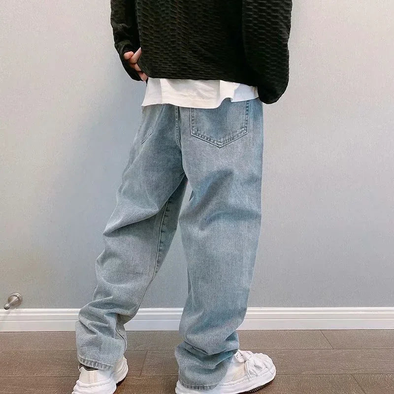 Hip Hop Harajuku Men Baggy Jeans Light Blue Straight Oversize Casual Wide Leg Denim Pants Streetwear Loose Korean Trousers