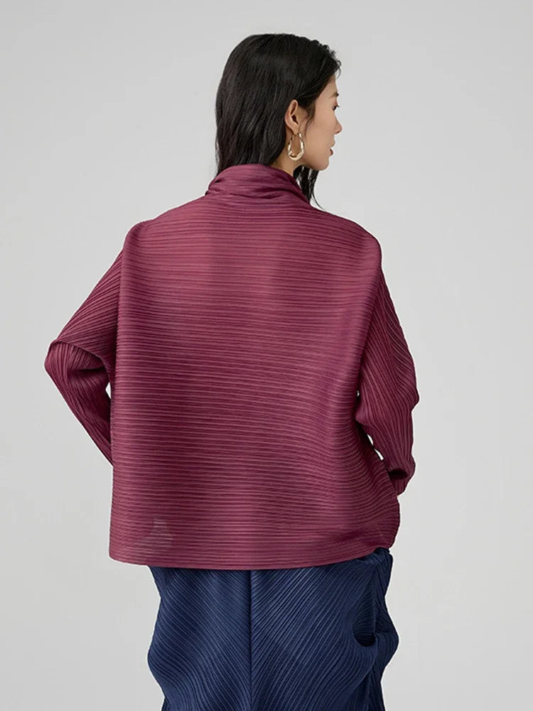 تيشيرت نسائي كاجوال بأكمام طويلة وقصة واسعة من الأسفل مع ياقة وشاح، بلوزة فضفاضة أنيقة من مياكي، صيف 2025، لون عنابي مطوي