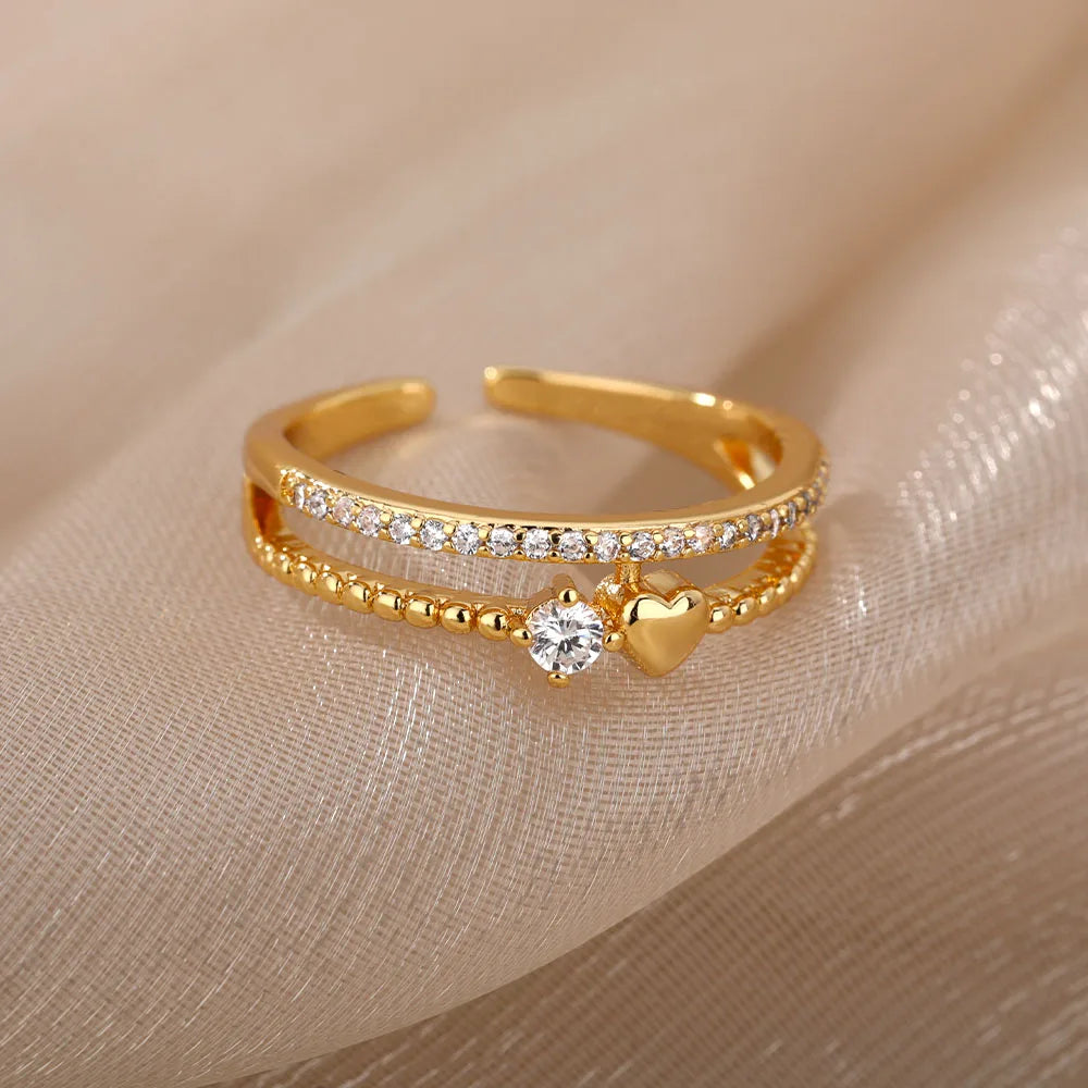 Fashion Chain Hollow Out Rings For Women Gold Color Stainless Steel Zircon Cross Open Ring Trendy Wedding Aesthetic Jewerly Gift