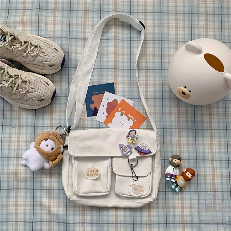 حقيبة قماشية لطيفة، حقيبة يد نسائية، حقيبة كتف، حقيبة كروس بودي يابانية بتصميم هاراجوكو، حقيبة صغيرة للبنات