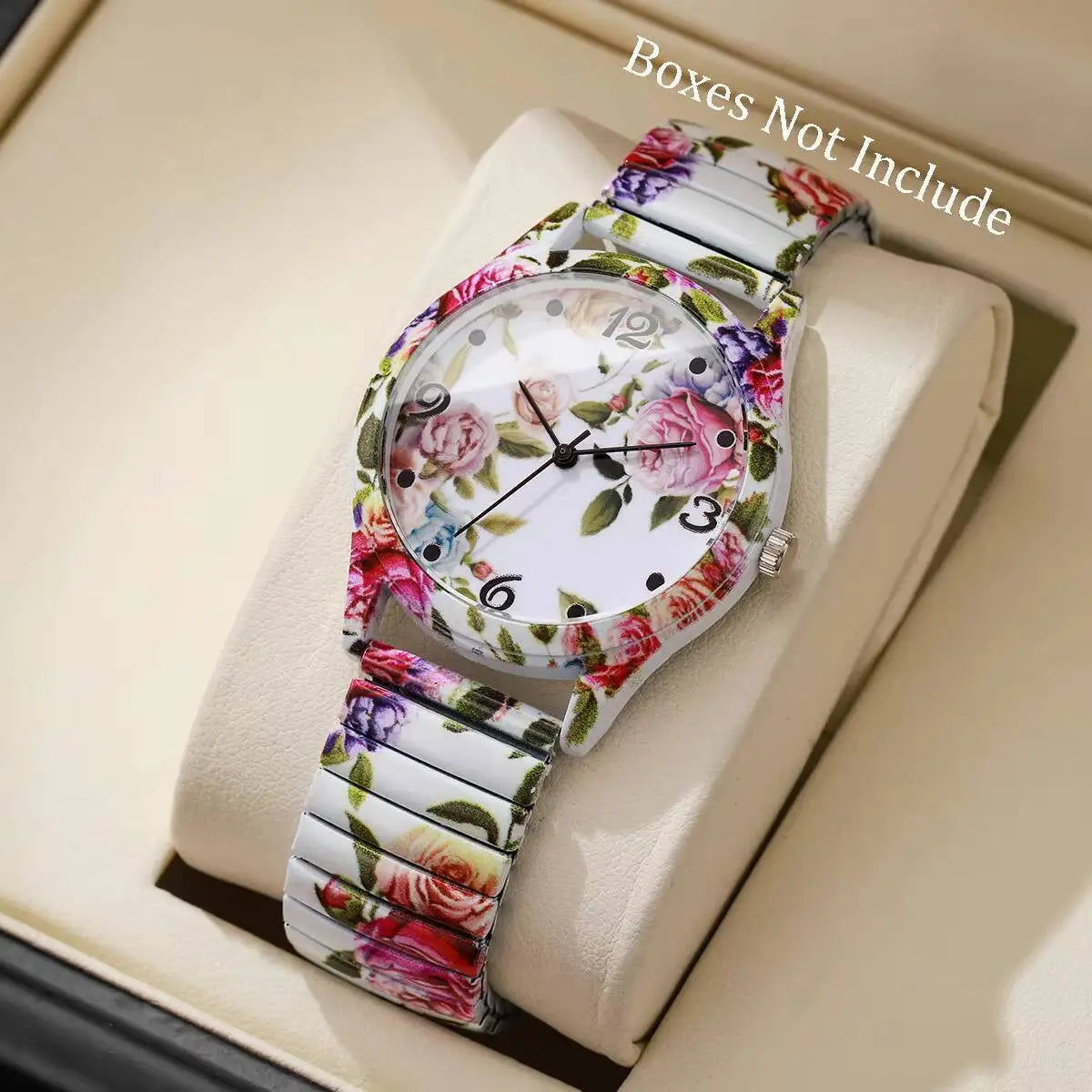 ساعات نسائية أنيقة مزينة بالزهور، بحزام مطاطي، ساعات يد كوارتز نسائية (بدون علبة)