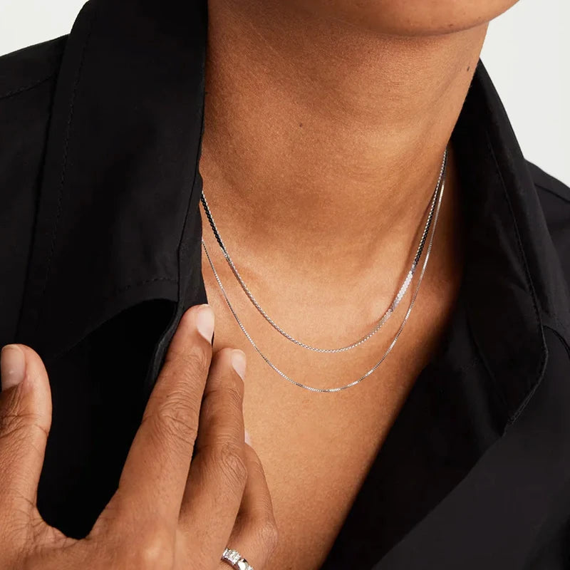 قلادة باموير من الذهب الصلب عيار 925 من الفضة الإسترلينية للنساء المراهقات بتصميم سلسلة مربعة 0.8 مم، سلسلة أساسية فائقة النحافة والقوية