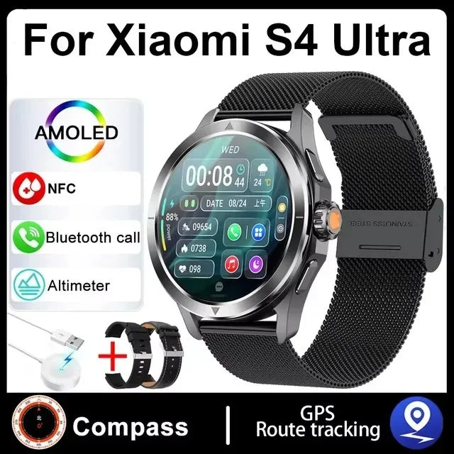 ساعة ذكية جديدة للرياضات الخارجية Xiaomi S4 Ultra للرجال 1.53 بوصة AMOLED NFC GPS بوصلة معدل ضربات القلب مقاومة للماء BT Call ساعة ذكية