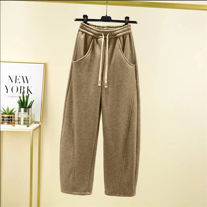 Autumn Winter New Fashion Elastic Waist Drawstring Solid Corduroy Women's Clothing Pockets Loose Casual Trend Y2K Straight Pants