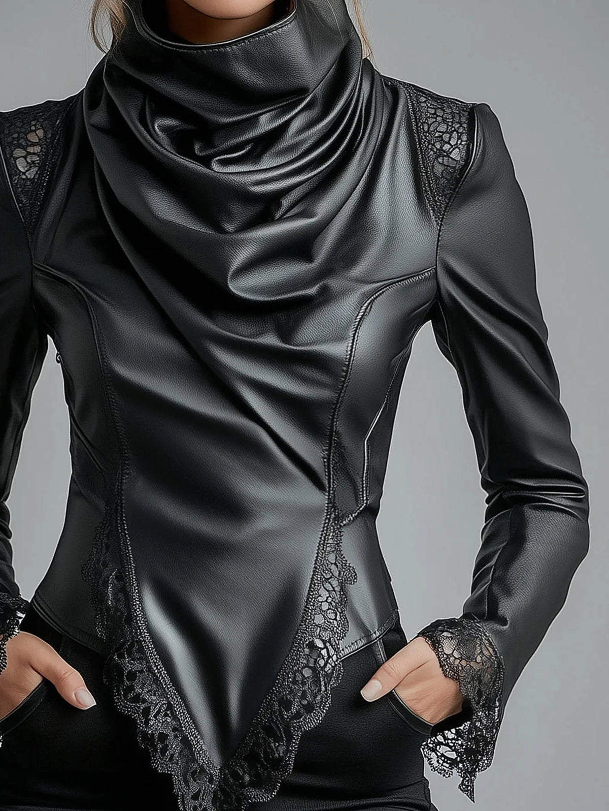 تي شيرت نسائي من الجلد الصناعي برقبة عالية وأكمام طويلة وحواف من الدانتيل وحاشية غير منتظمة وقميص سادة بتصميم ربيعي أنيق