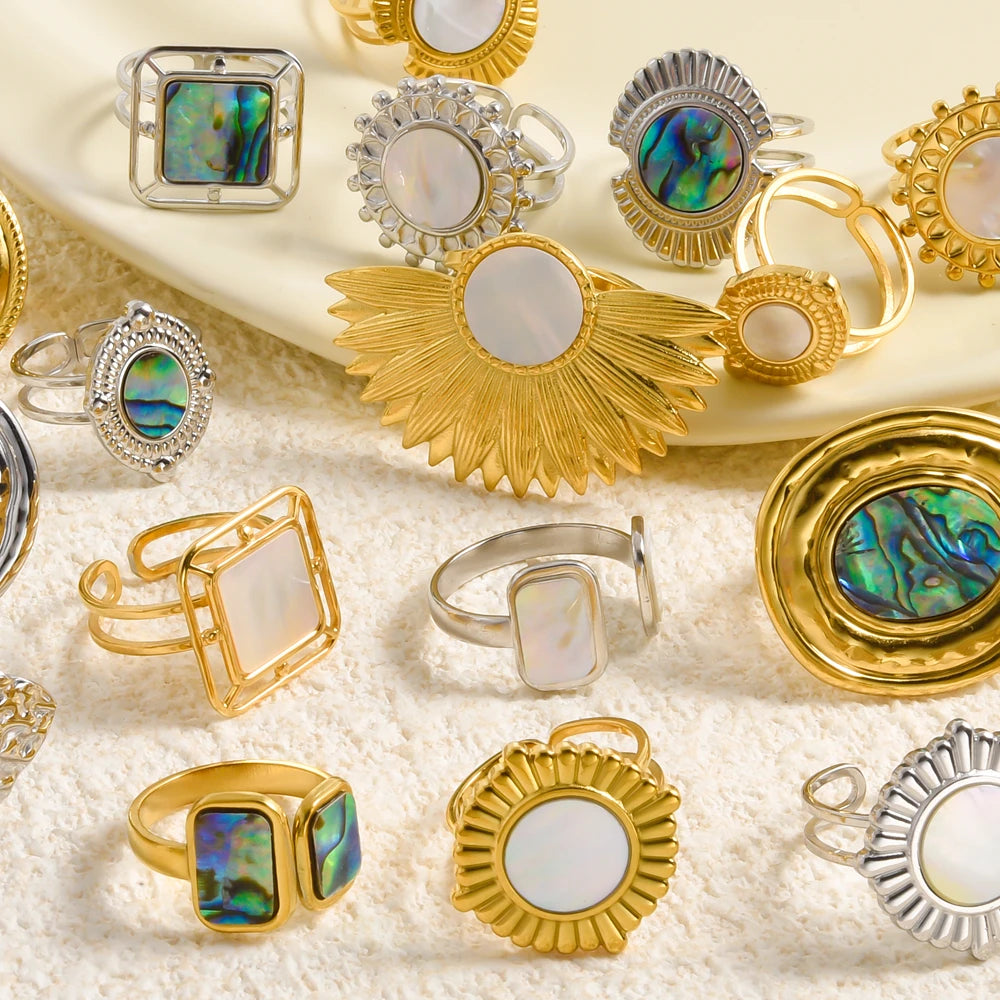 خاتم واحد عصري من الفولاذ المقاوم للصدأ، بتصميم هندسي مستوحى من البحر الطبيعي، مفتوح وسميك، بنمط صدفة بحرية، قطعة واحدة، مجوهرات نسائية عتيقة غير منتظمة