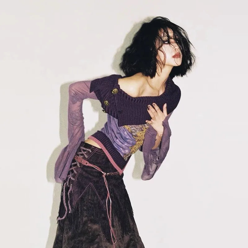 Karrcat Japanese Y2k Off Shoulder Top Grunge Aesthetics Knitted Mesh Top Vintage Trashy 2000s Flare Sleeve Purple T Shirt Gothic