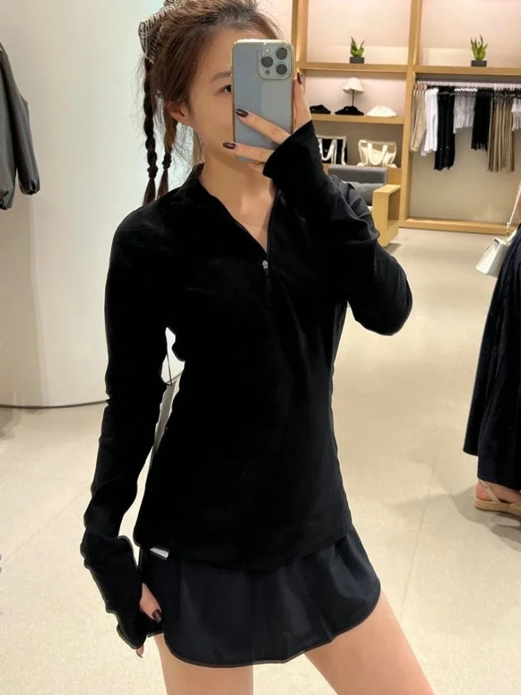 قميص بولو يوجا نسائي رياضي بنصف سحاب وأكمام طويلة، قميص خريفي أسود أنيق كوري ضيق ومريح، قمصان نسائية سادة